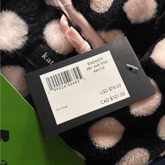 Kate Spade New York Plush Robe Black & Pink Polka Dot Short NWT Size L/XL - Picture 3 of 3